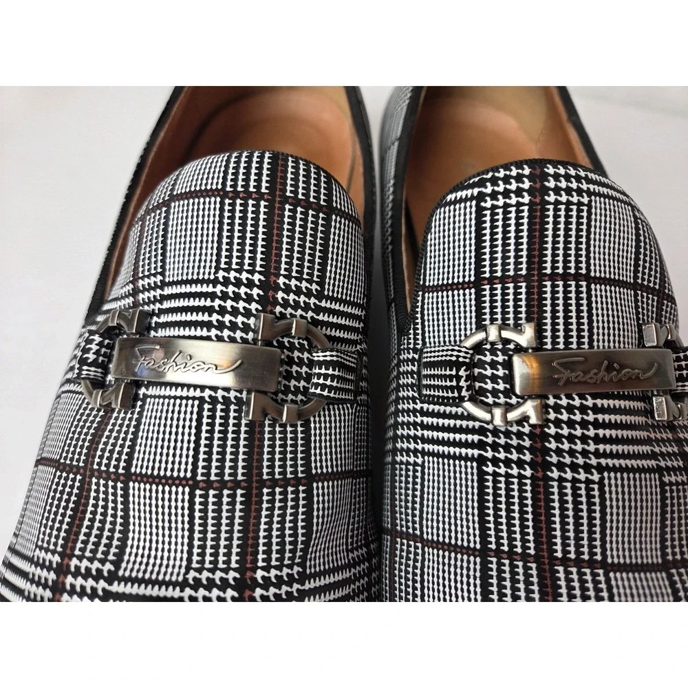 Men's Houndstooth Plaid Loafers Slip On Prom Wedding Dress Shoes Size 12